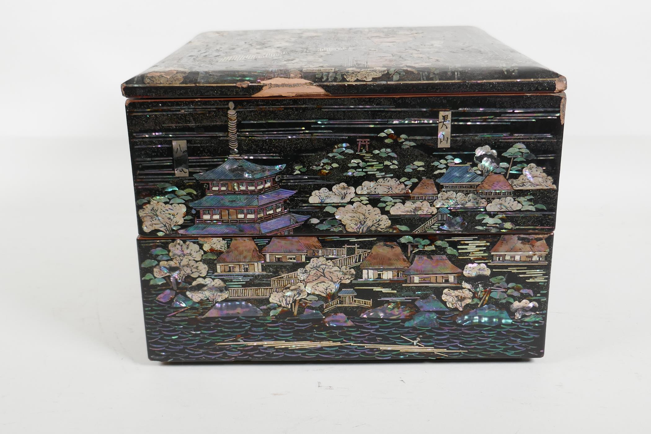 A Japanese Mother of Pearl inlaid black lacquer multi layer box, decorated with views of riverside - Image 3 of 6