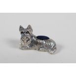 A novelty 925 silver pin cushion in the form of a terrier, 1" long