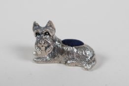A novelty 925 silver pin cushion in the form of a terrier, 1" long