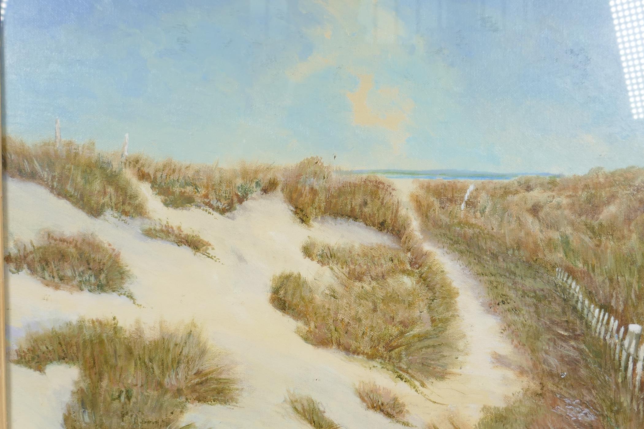 Sand dunes before the beach, initialled 'R', oil on board, 17½" x 14"