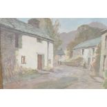 J.A. Dees, a village street scene, entitled verso "Twilight Grange in Barrowdale Lake District",