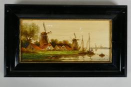 In the manner of Thomas Christopher Hofland, painting on porcelain, Dutch riverside landscape, 9½" x