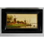 In the manner of Thomas Christopher Hofland, painting on porcelain, Dutch riverside landscape, 9½" x