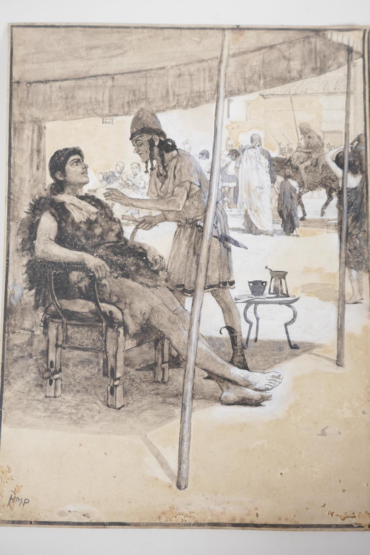 A pair of ink and wash drawings, stories of life in ancient Rome, 10½" x 14", initialled H.M.P - Image 3 of 3