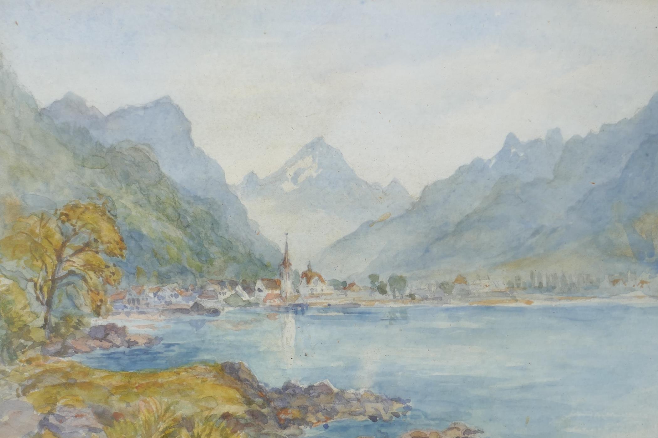 A C19th watercolour of an Italian Swiss lake scene, with distant town & mountains, 10" x 7"