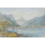 A C19th watercolour of an Italian Swiss lake scene, with distant town & mountains, 10" x 7"