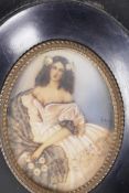 A C19th miniature portrait of a young lady in a ball gown 2" x 3"