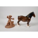 A mid C20th Watcombe pottery terracotta figure of a putti playing cymbals, together with a Beswick