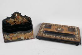 A C19th walnut desk standish, decorated with bone and brass studs, 12½ x 8", no inkwells, and a