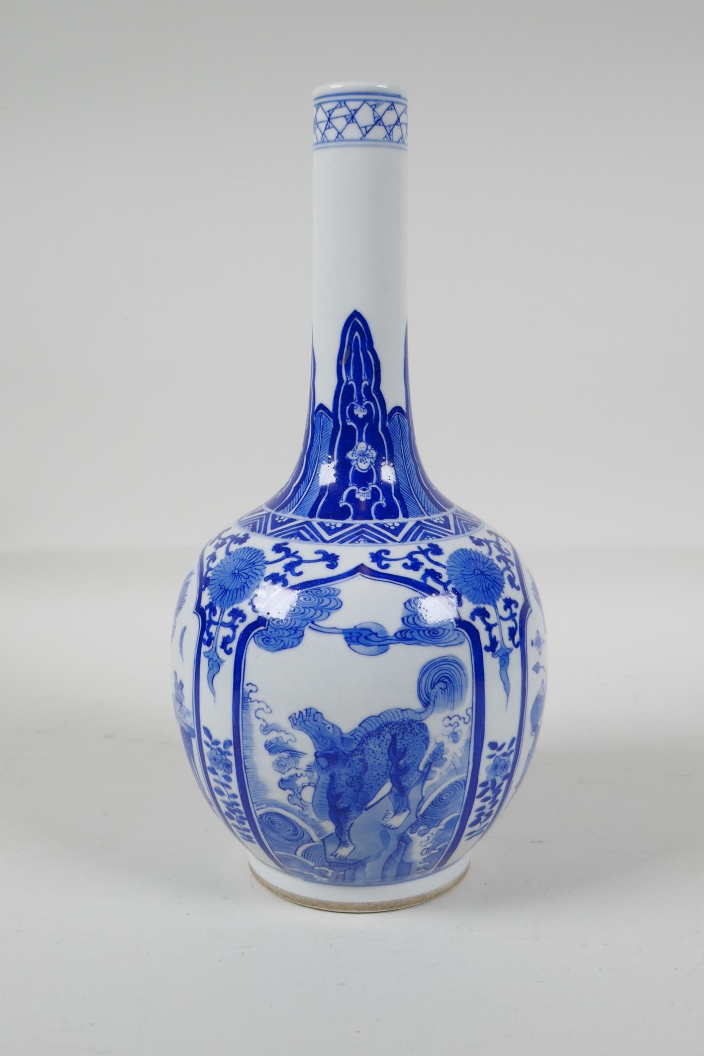 A blue & white porcelain bottle vase with decorative panels, depicting objects of virtue & kylin, - Image 4 of 5