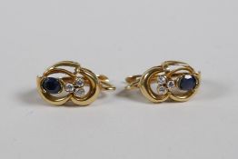 A pair of yellow gold, sapphire & diamond earrings