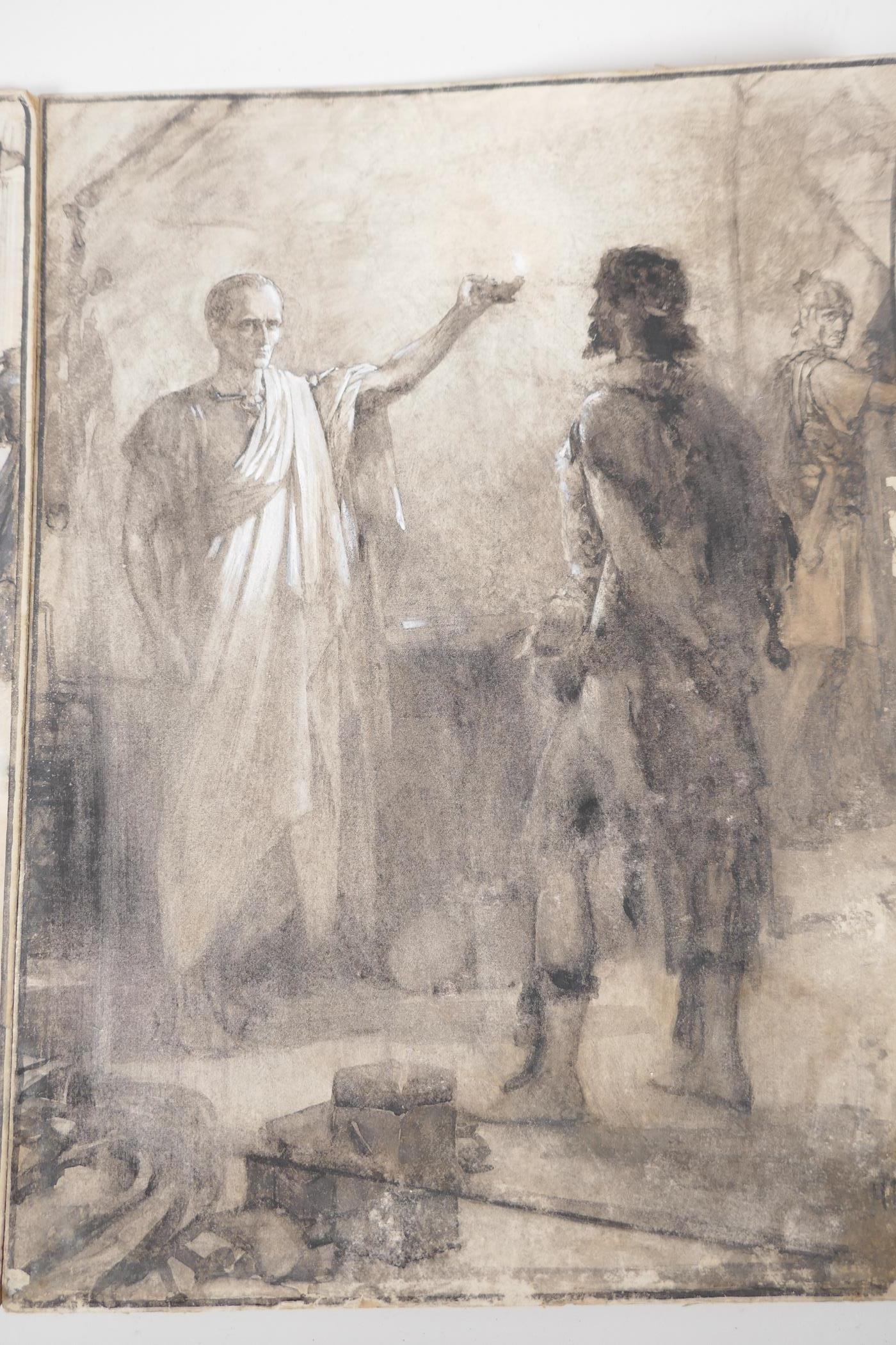 A pair of ink and wash drawings, stories of life in ancient Rome, 10½" x 14", initialled H.M.P - Image 2 of 3