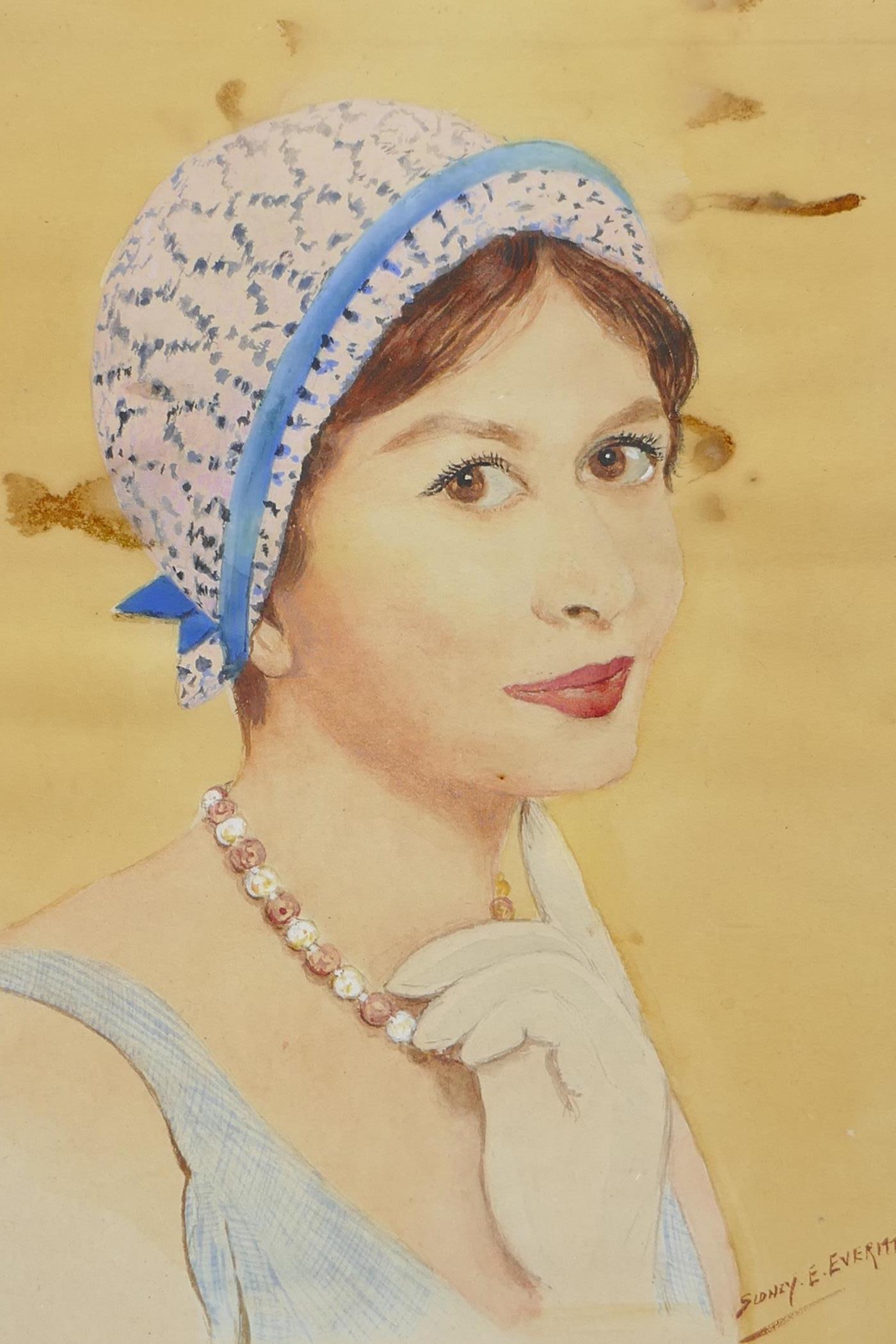 Sidney E. Everitt, portrait of a lady in a hat, circa 1920, watercolour, 7" x 9"