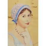 Sidney E. Everitt, portrait of a lady in a hat, circa 1920, watercolour, 7" x 9"