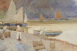 J. Marshall Lowett, moored boats and figures on a lakeside shore, C19th watercolour, 25" x 11"