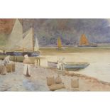 J. Marshall Lowett, moored boats and figures on a lakeside shore, C19th watercolour, 25" x 11"