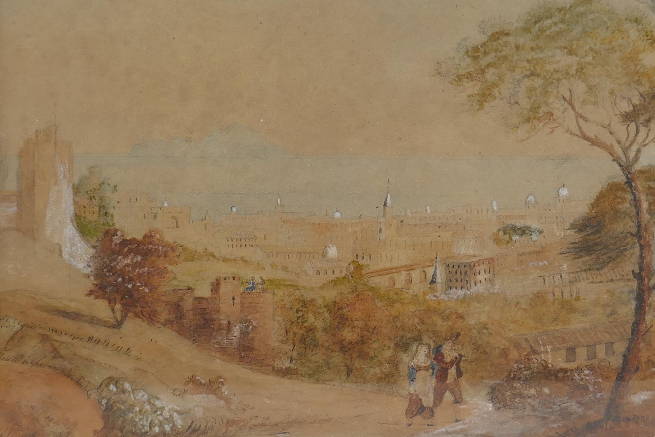 A C19th naive continental city scene with the sea beyond, in a birdseye maple frame, watercolour, - Image 2 of 4