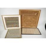 Four framed C19th needlework samplers, largest 18" square