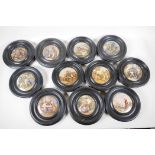 Eleven Prattware pot lids in turned hardwood frames, including "The Ning Po river", "The Wolf and