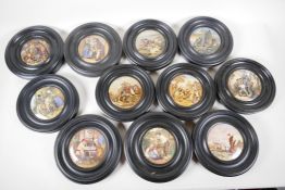 Eleven Prattware pot lids in turned hardwood frames, including "The Ning Po river", "The Wolf and