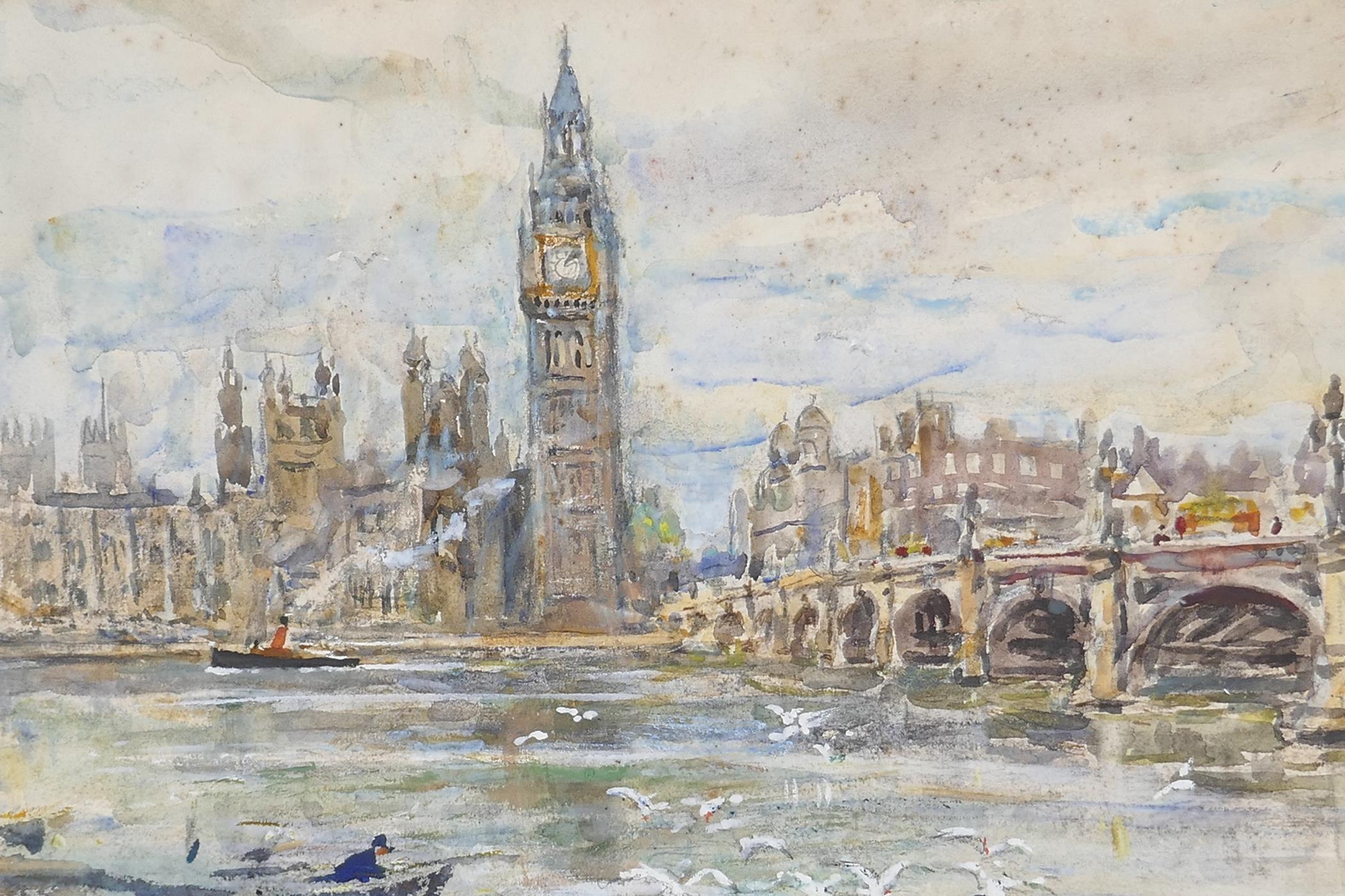 Rowland N. Hill, The Thames at Westminster, signed, watercolour and gouache, " 10½" x 15½"