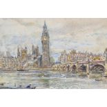 Rowland N. Hill, The Thames at Westminster, signed, watercolour and gouache, " 10½" x 15½"