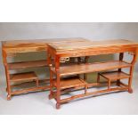 A pair of Chinese blond hardwood open shelves, 46" x 13", 30" high