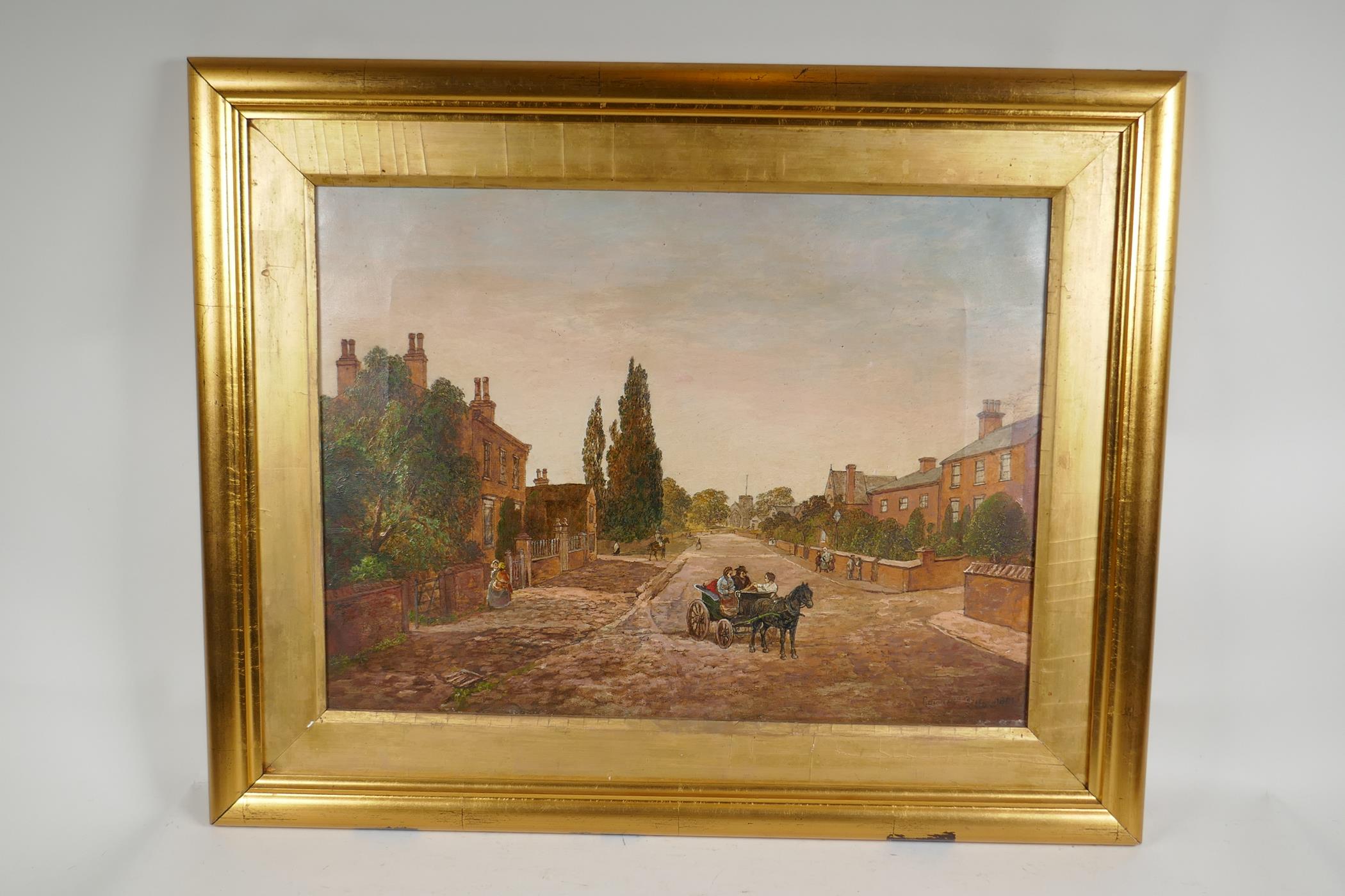 A C19th naive village scene with horse drawn cart, indistinctly signed and dated 1881, oil on - Image 2 of 8