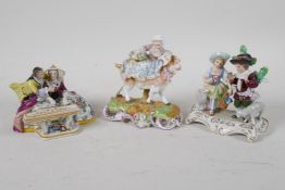 A Sitzendorph porcelain figure of a lady playing piano and her amorous admirer, together with a