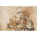 A tapestry screen panel depicting a small child on a pony with attendant dog, 12" square, in a