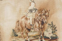 A tapestry screen panel depicting a small child on a pony with attendant dog, 12" square, in a