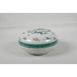 A Chinese Kangxi style famille vert porcelain box & cover, decorated with a dragon chasing the