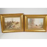 Two canvas prints in good gilt frames, a hunting scene and plough team, largest 12" x 9"