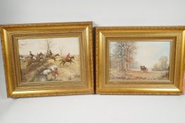 Two canvas prints in good gilt frames, a hunting scene and plough team, largest 12" x 9"