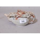 A Chinese carved soapstone teapot, the knop carved as a sleeping bird, 8" x 3"