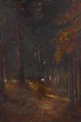 C19th Barbizon School, figure in a sunlit wood, oil on canvas, 18" x 14"