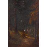 C19th Barbizon School, figure in a sunlit wood, oil on canvas, 18" x 14"