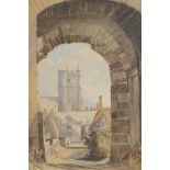 A view of a church through an arch, indistinctly signed, C19th watercolour, 7" x 10"
