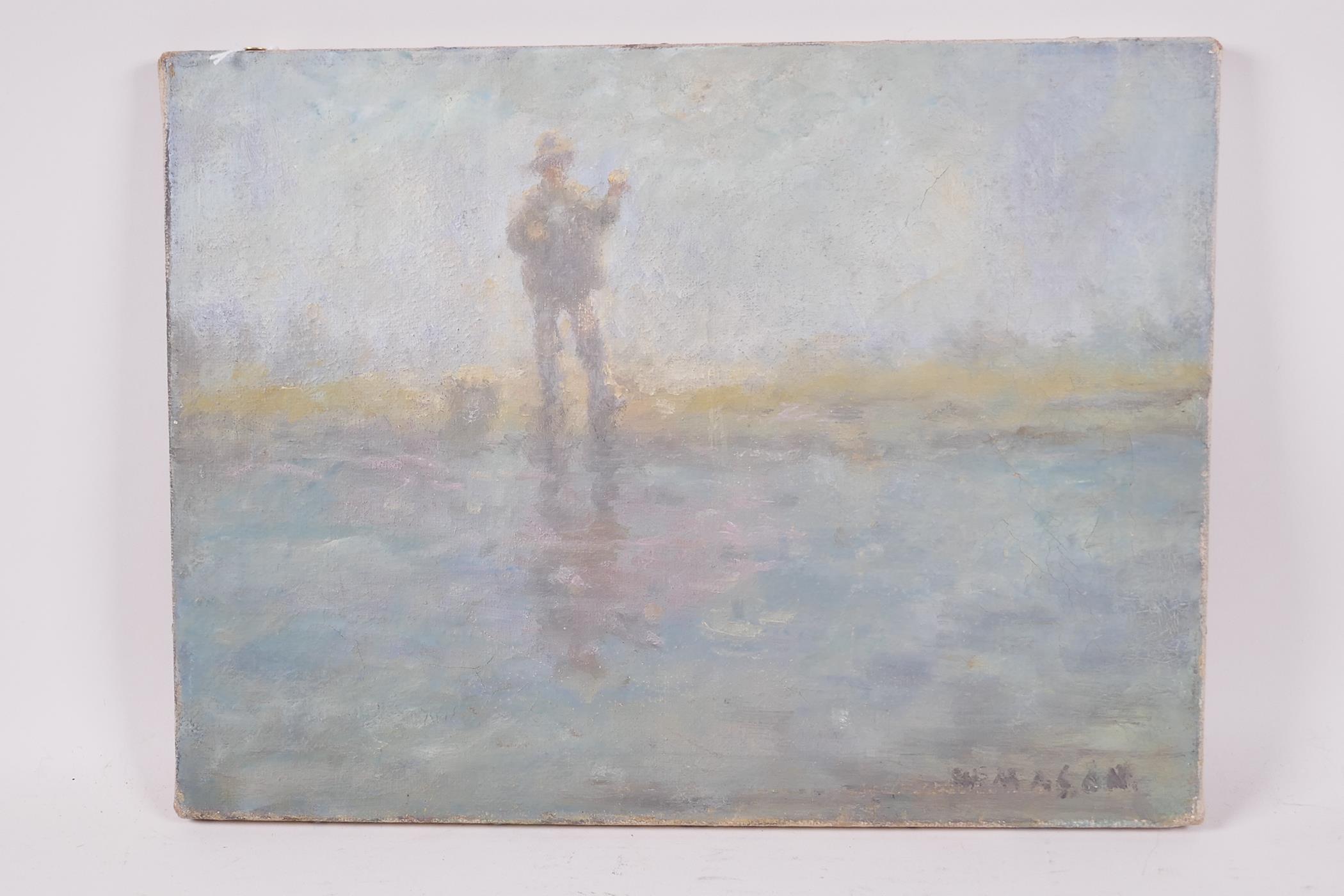 William Mason, "The Fisherman", signed, oil on canvas, 12" x 16", unframed - Image 3 of 5