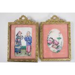 A Chinese miniature painting on rice paper, portrait of a dream girl and another of two boys, both