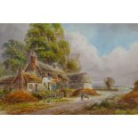 E. Nevil, thatched farm buildings, signed watercolour, titled on the mount "Near Reigate", 15" x 11"
