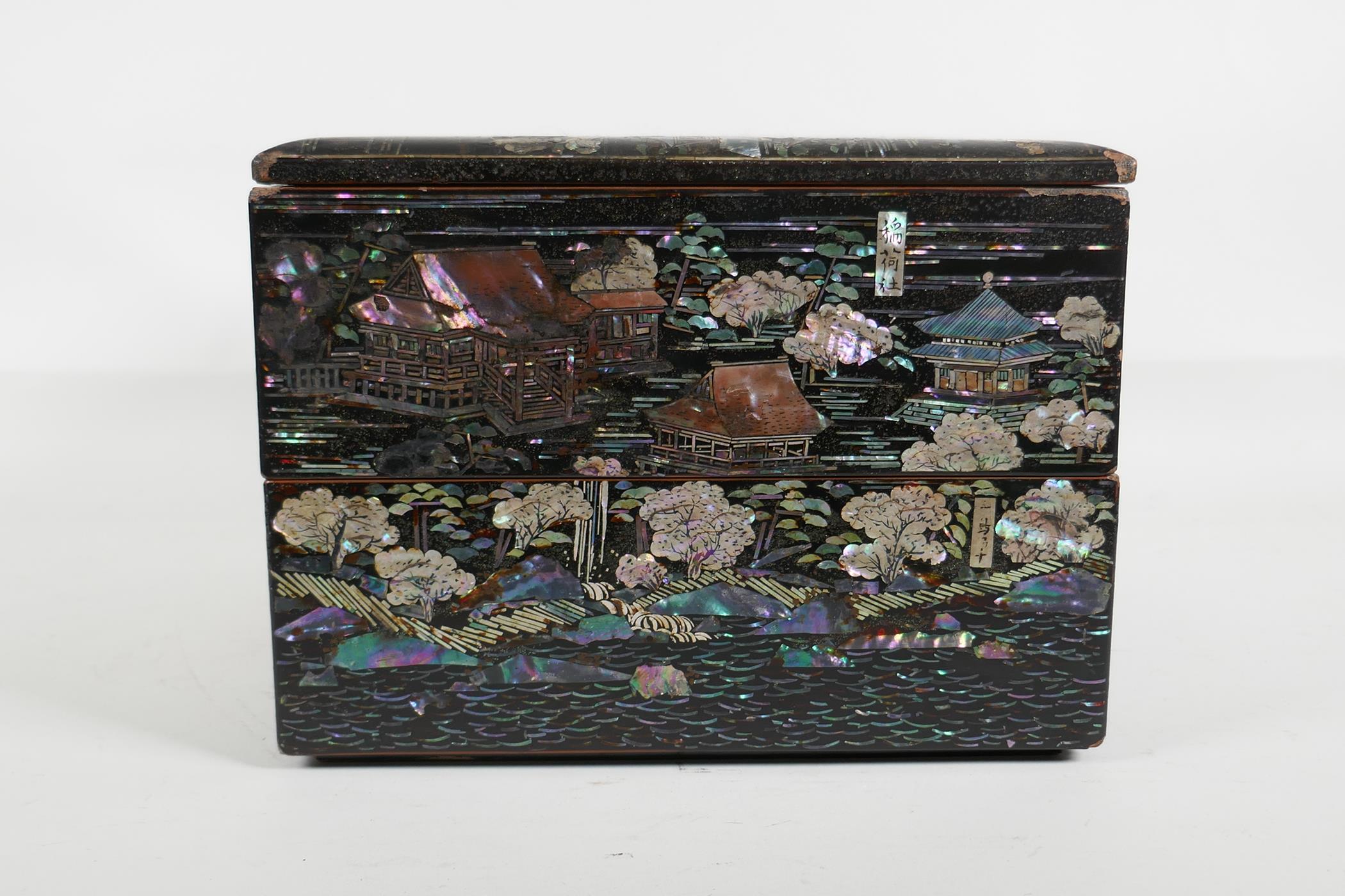 A Japanese Mother of Pearl inlaid black lacquer multi layer box, decorated with views of riverside - Image 5 of 6