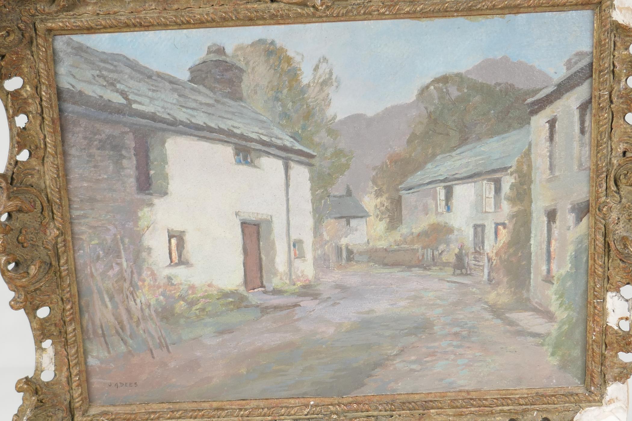 J.A. Dees, a village street scene, entitled verso "Twilight Grange in Barrowdale Lake District", - Image 2 of 4