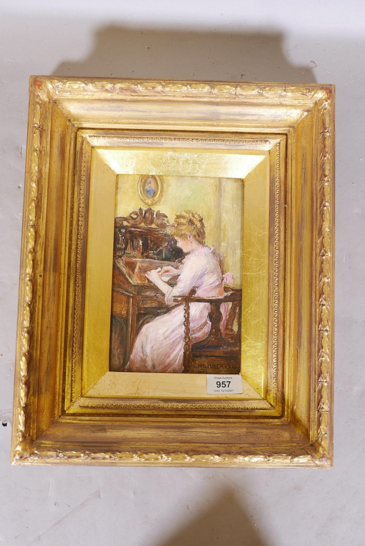 M.L. Breakell, woman at a writing desk, oil on canvas, signed, 6" x 9" - Image 2 of 4