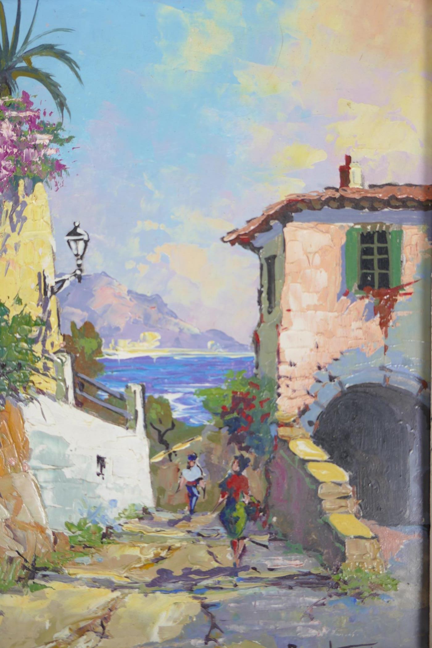 A Mediterranean coastal village, oil on board, 7 x 8½" and another of a quiet street with - Image 3 of 3