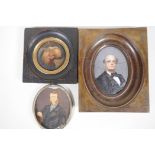 Three C19th miniature portraits of gentlemen, largest 3" x 3½", A/F