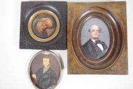 Three C19th miniature portraits of gentlemen, largest 3" x 3½", A/F