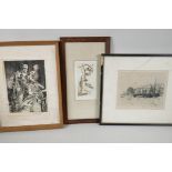 R.A. Thomas, a harbour scene, signed etching, 8½" x 7", an etching of a tree by May Pais, and an