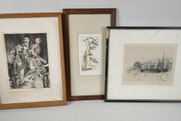 R.A. Thomas, a harbour scene, signed etching, 8½" x 7", an etching of a tree by May Pais, and an