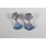 A pair of Art Nouveau style silver & plique a jour earrings, 1" drop